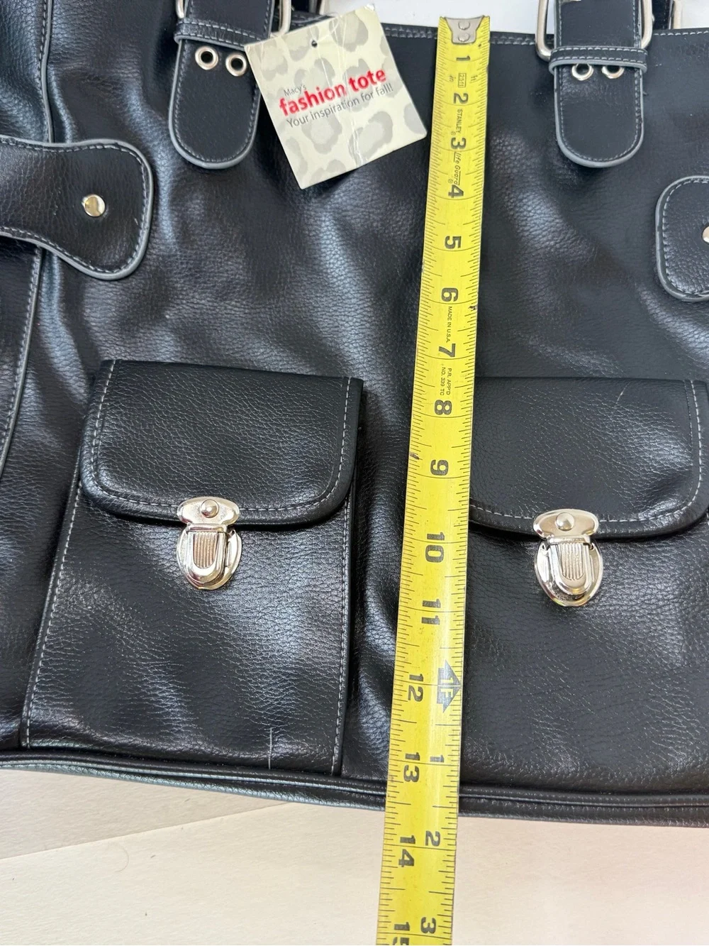 NWT Macy's Black Large Faux Leather Motorcycle Tote Bag Y2K Pockets Shoulder Bag
